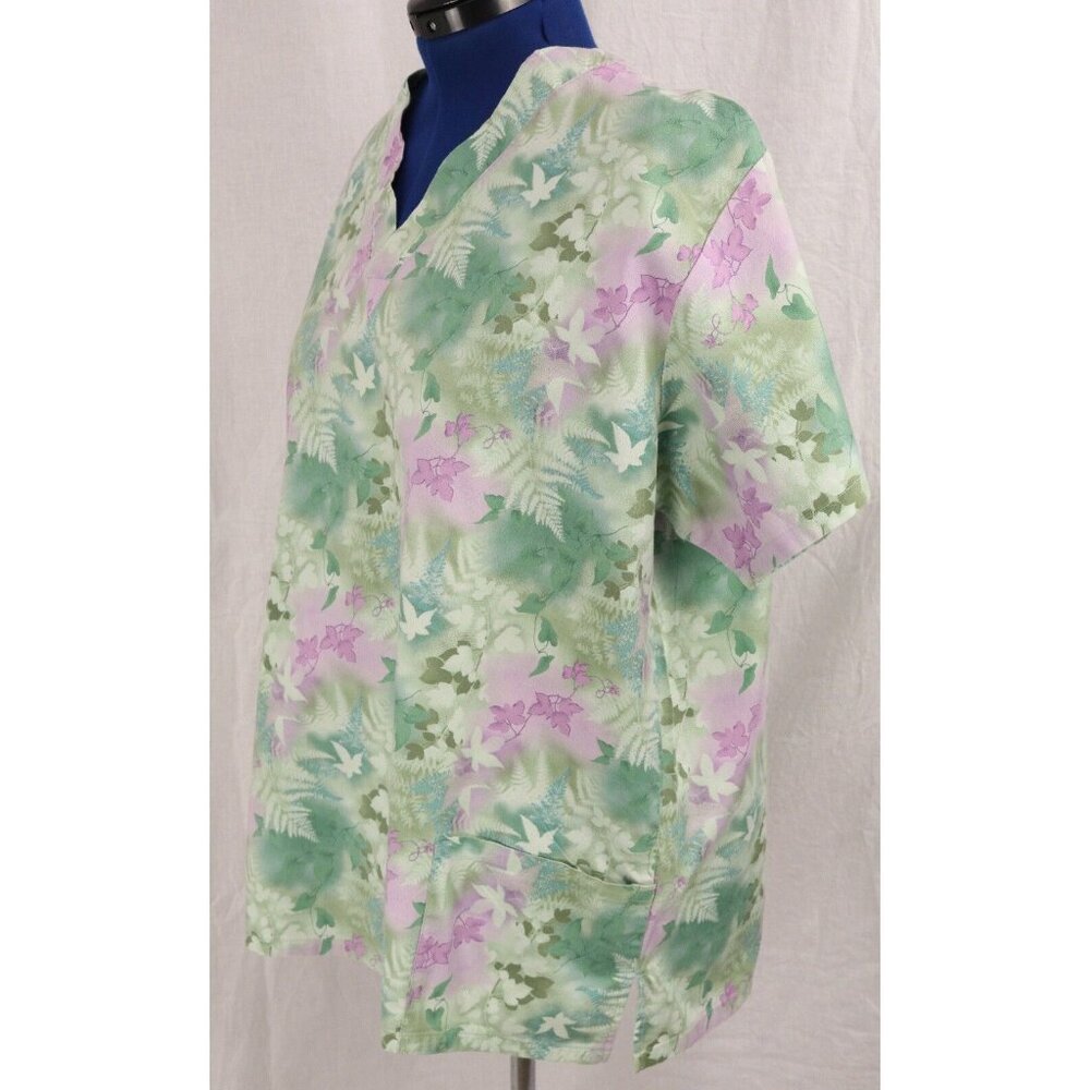 MG Medgear Scrub Top Women XL Green Leaf Floral Medical Uniform Shirt V Neck VTG - Picture 3 of 12